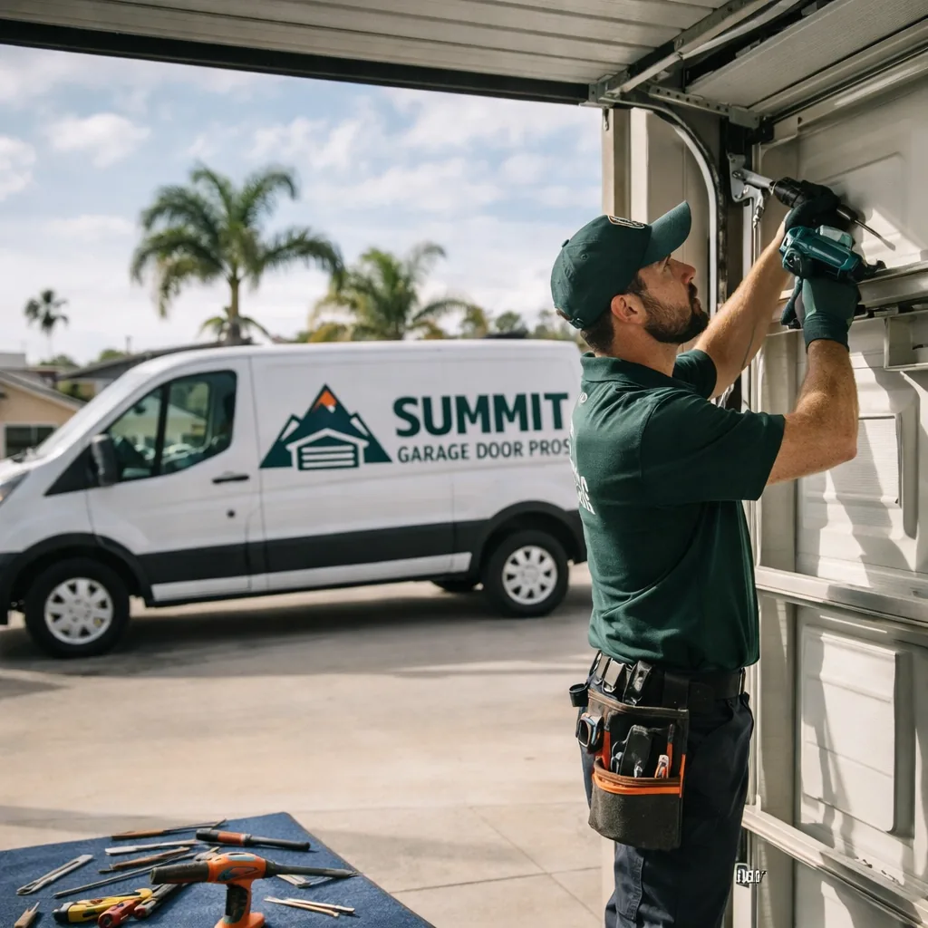 A uniformed Summit Garage Door Pros technician working on an open residential garage door in a San Diego driveway during daylight, tools laid out nearby.