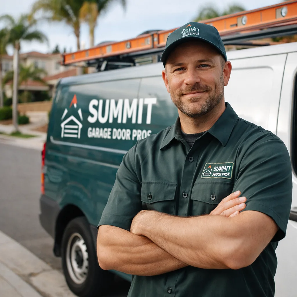 The owner or a lead technician of Summit Garage Door Pros standing next to a service van in a San Diego neighborhood, arms crossed, friendly and approachable.